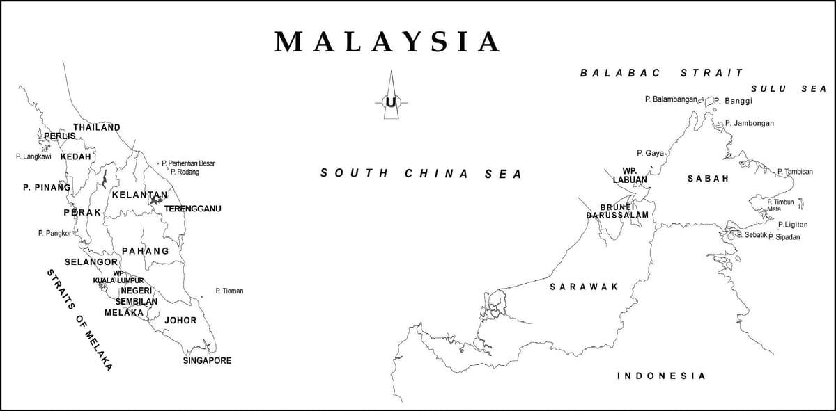 Karte von Umriss-Landkarte von malaysia mit staatlichen Grenzen