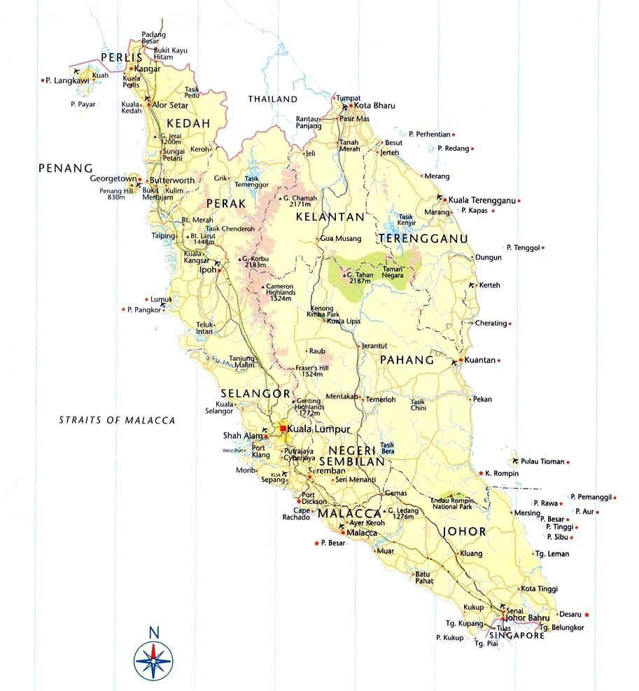 malaysia Straßenkarte Richtungen